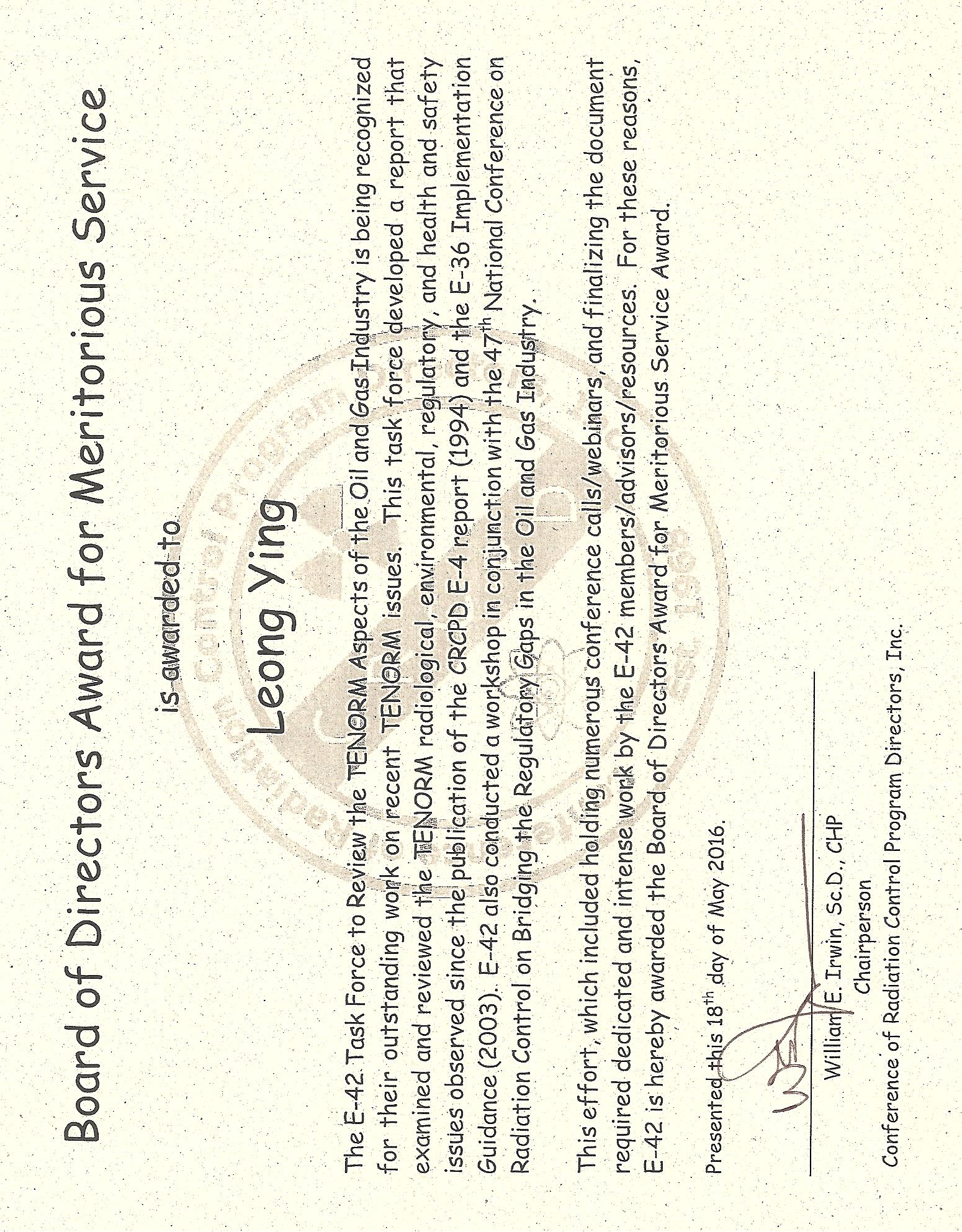 CRCPD Award for E-42 Task Force on TENORM in Oil and Gas Industry